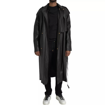 Bottega Veneta Black Leather Men Waterproof Trench Coat Jacket