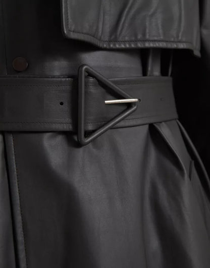 Bottega Veneta Black Leather Men Waterproof Trench Coat Jacket