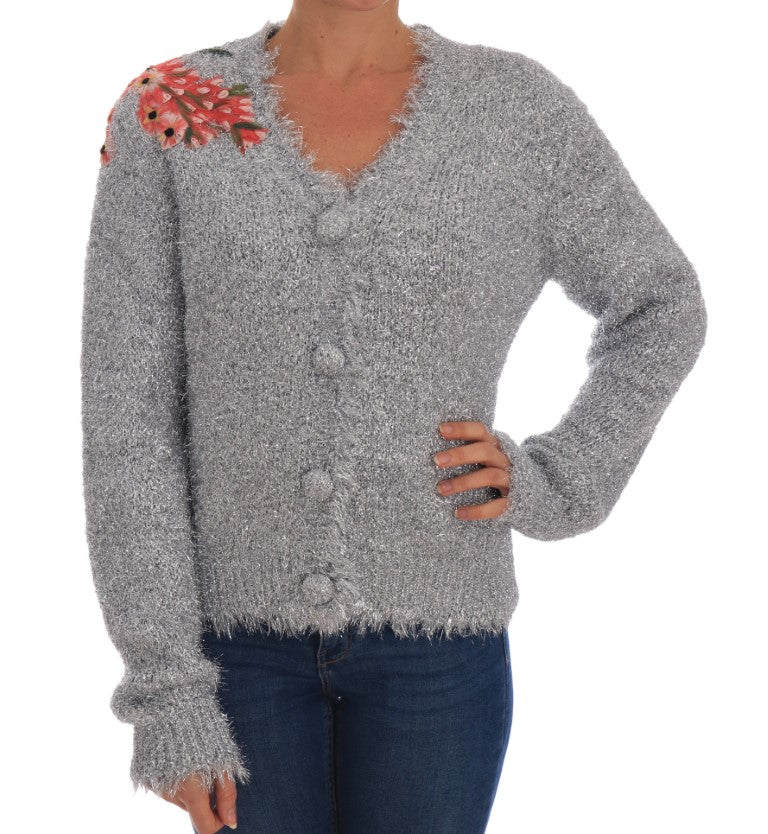 Dolce &amp; Gabbana Élégant cardigan à fleurs argentées appliquées
