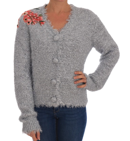 Dolce &amp; Gabbana Élégant cardigan à fleurs argentées appliquées
