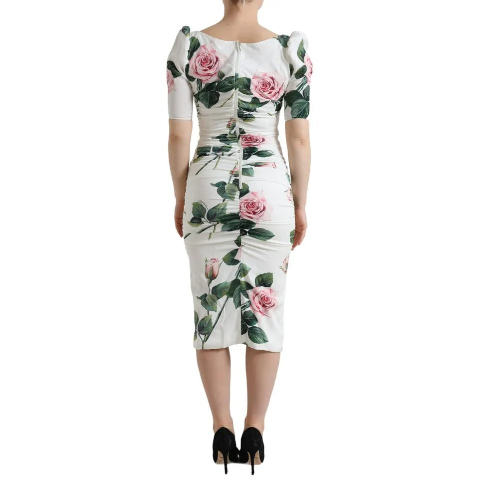 Dolce & Gabbana White Roses Print Stretch Silk Pleated Dress by Dolce & Gabbana
