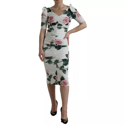 Dolce & Gabbana White Roses Print Stretch Silk Pleated Dress by Dolce & Gabbana