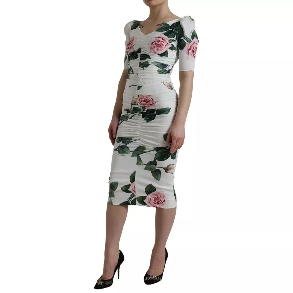 Dolce & Gabbana White Roses Print Stretch Silk Pleated Dress by Dolce & Gabbana