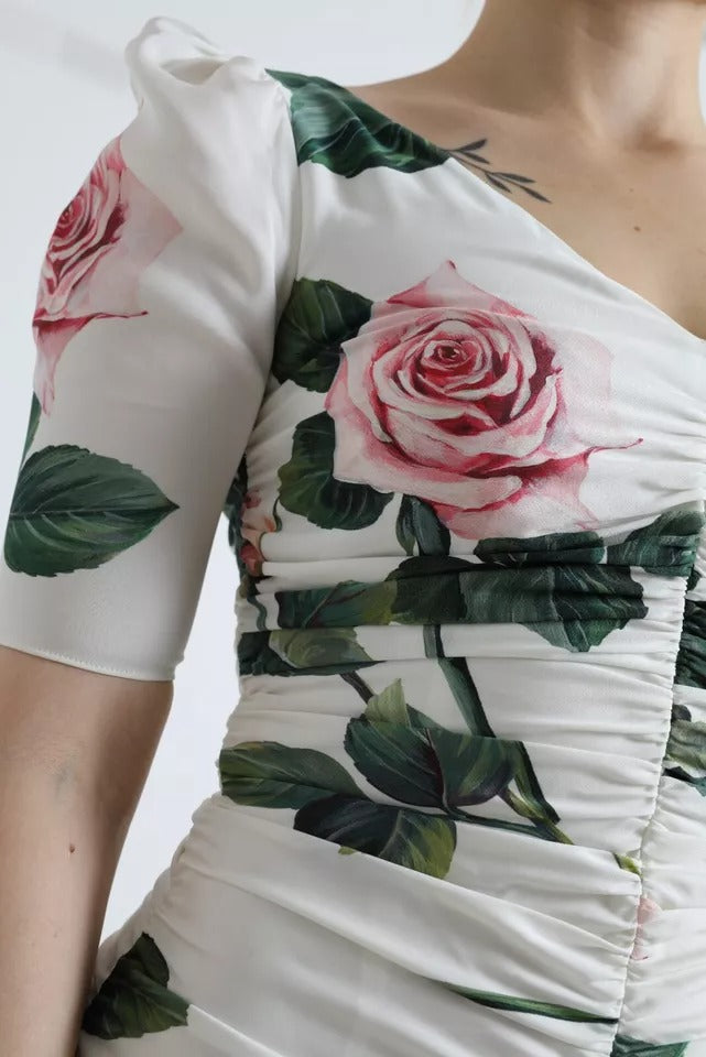 Dolce & Gabbana White Roses Print Stretch Silk Pleated Dress by Dolce & Gabbana