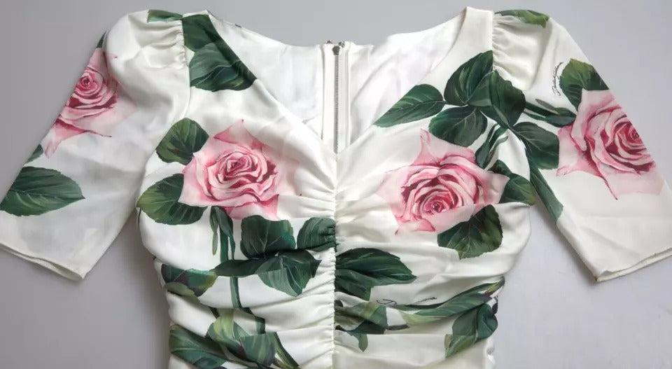 Dolce & Gabbana White Roses Print Stretch Silk Pleated Dress by Dolce & Gabbana