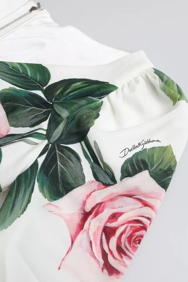 Dolce & Gabbana White Roses Print Stretch Silk Pleated Dress by Dolce & Gabbana