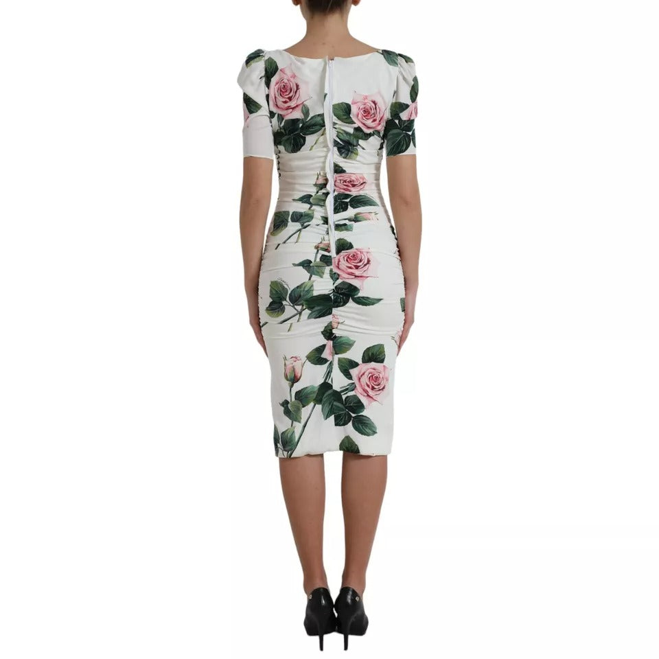 Dolce & Gabbana White Roses Print Stretch Silk Pleated Dress by Dolce & Gabbana