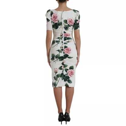 Dolce & Gabbana White Roses Print Stretch Silk Pleated Dress by Dolce & Gabbana