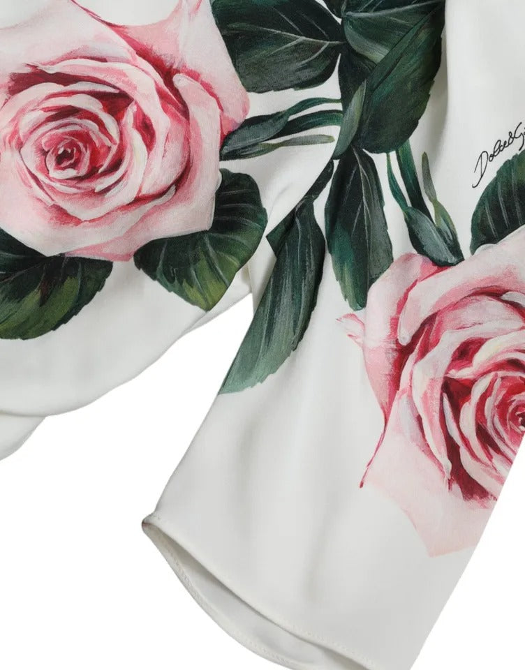 Dolce & Gabbana White Roses Print Stretch Silk Pleated Dress by Dolce & Gabbana