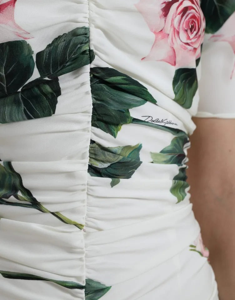 Dolce & Gabbana White Roses Print Stretch Silk Pleated Dress by Dolce & Gabbana