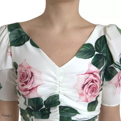Dolce & Gabbana White Roses Print Stretch Silk Pleated Dress by Dolce & Gabbana