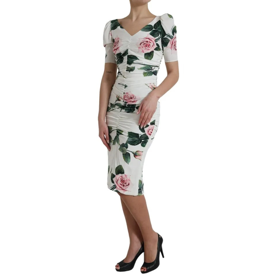 Dolce & Gabbana White Roses Print Stretch Silk Pleated Dress by Dolce & Gabbana