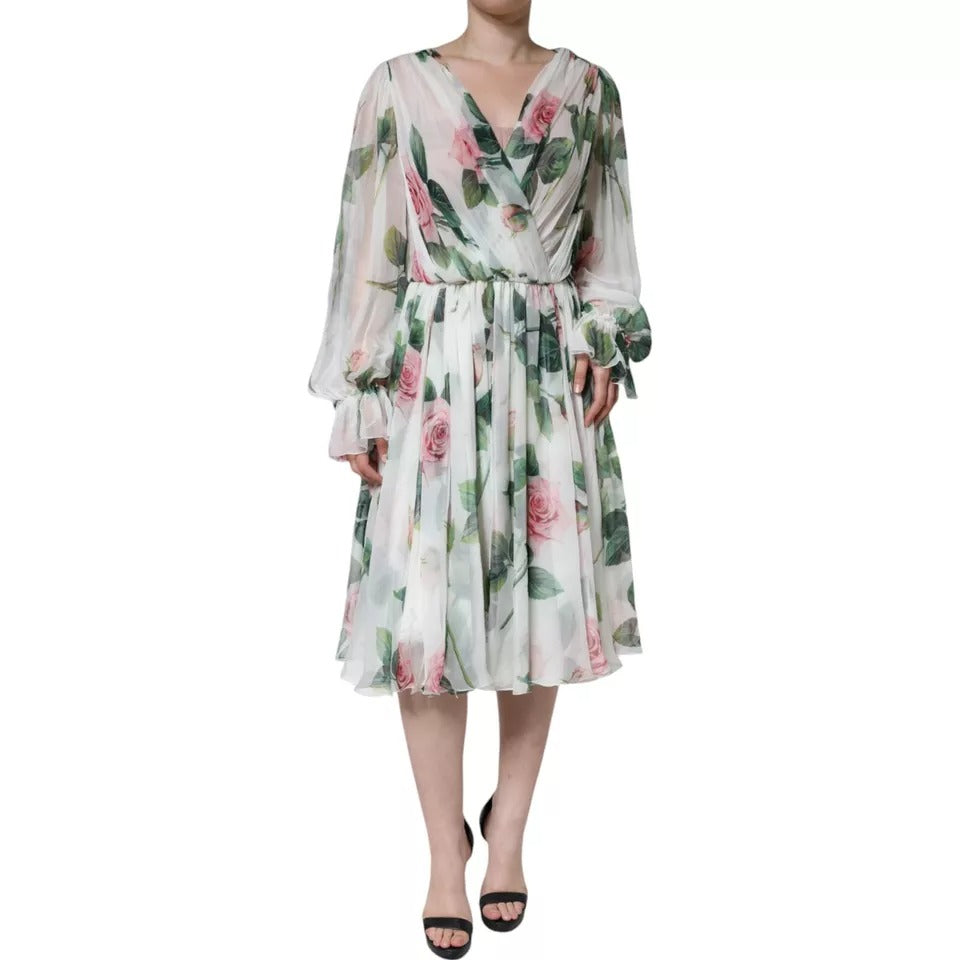 Dolce & Gabbana White Silk Floral Print A-line Midi Dress by Dolce & Gabbana