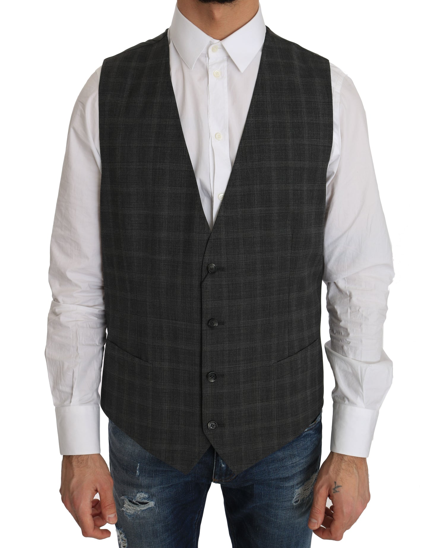 Dolce &amp; Gabbana Gray Wool STAFF Checkered Stretch Cardigan