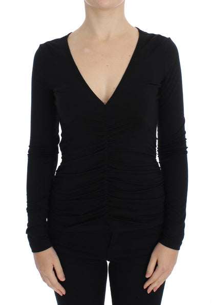 Pull élégant à col en V en viscose mélangée noire Versace Jeans