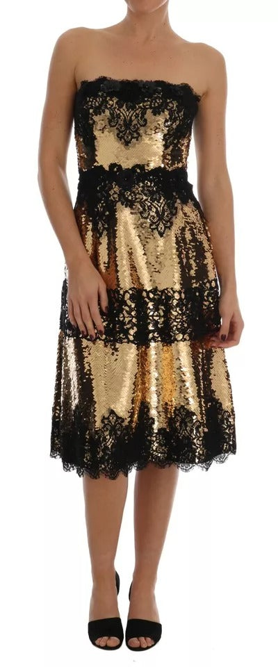 Dolce & Gabbana Gold Strapless Sequin Embellished Lace Dress by Dolce & Gabbana