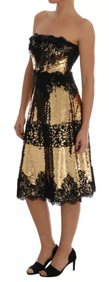 Dolce & Gabbana Gold Strapless Sequin Embellished Lace Dress by Dolce & Gabbana