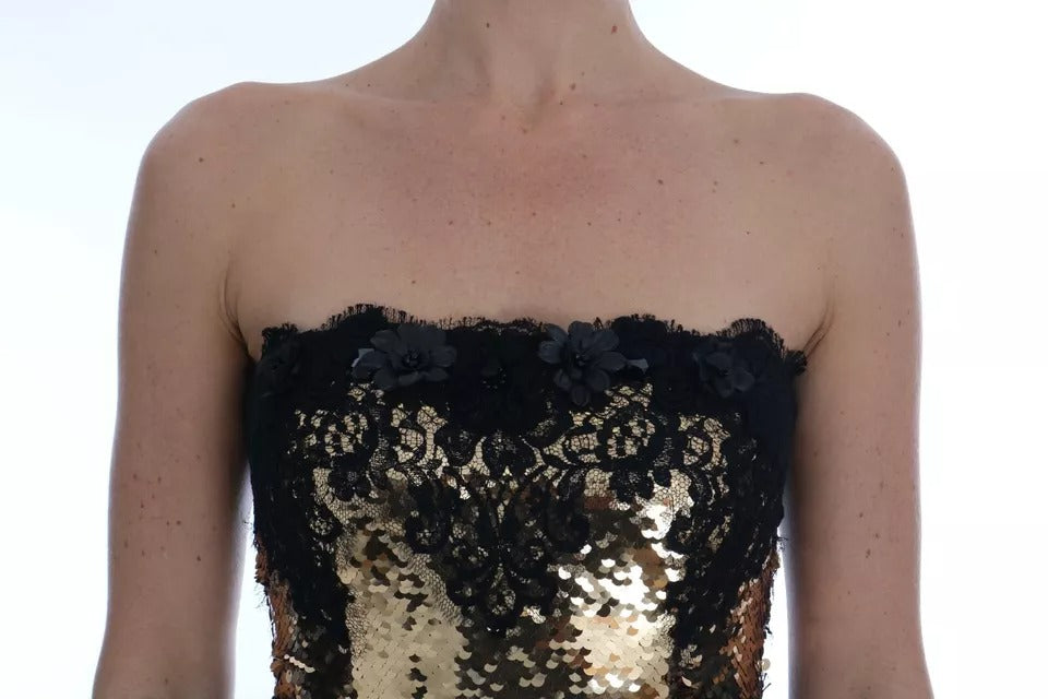 Dolce & Gabbana Gold Strapless Sequin Embellished Lace Dress by Dolce & Gabbana
