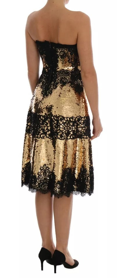 Dolce & Gabbana Gold Strapless Sequin Embellished Lace Dress by Dolce & Gabbana