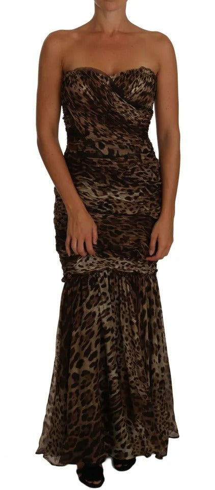 Dolce & Gabbana Brown Leopard Silk Chiffon Ruched Mermaid Maxi Dress by Dolce & Gabbana