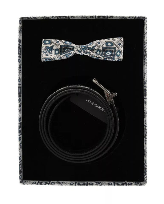 Coffret cadeau ceinture en cuir et nœud papillon en soie blanc et bleu Dolce &amp; Gabbana