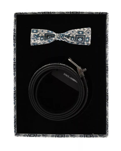 Coffret cadeau ceinture en cuir et nœud papillon en soie blanc et bleu Dolce &amp; Gabbana