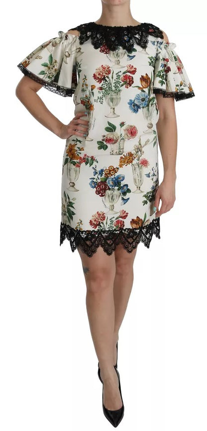 Dolce & Gabbana White Lace Floral Vase Shift Mini Dress by Dolce & Gabbana