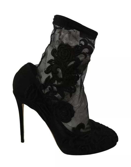 Dolce & Gabbana Black Tulle Stretch Floral Booties Shoes by Dolce & Gabbana