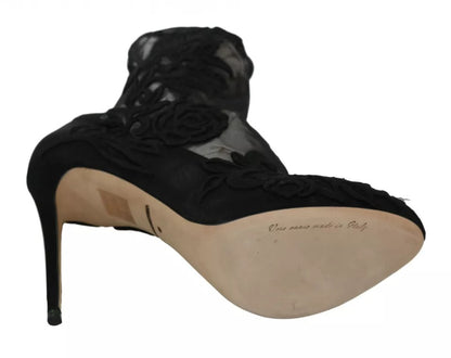 Dolce & Gabbana Black Tulle Stretch Floral Booties Shoes by Dolce & Gabbana