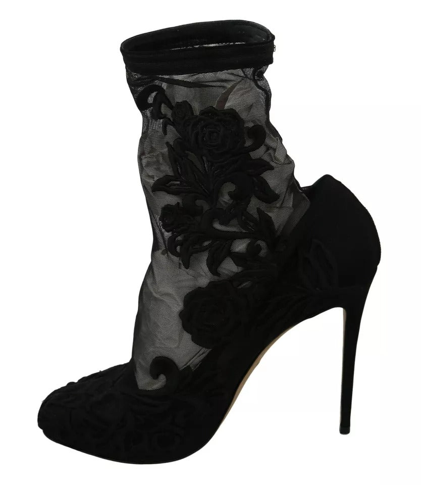 Dolce & Gabbana Black Tulle Stretch Floral Booties Shoes by Dolce & Gabbana