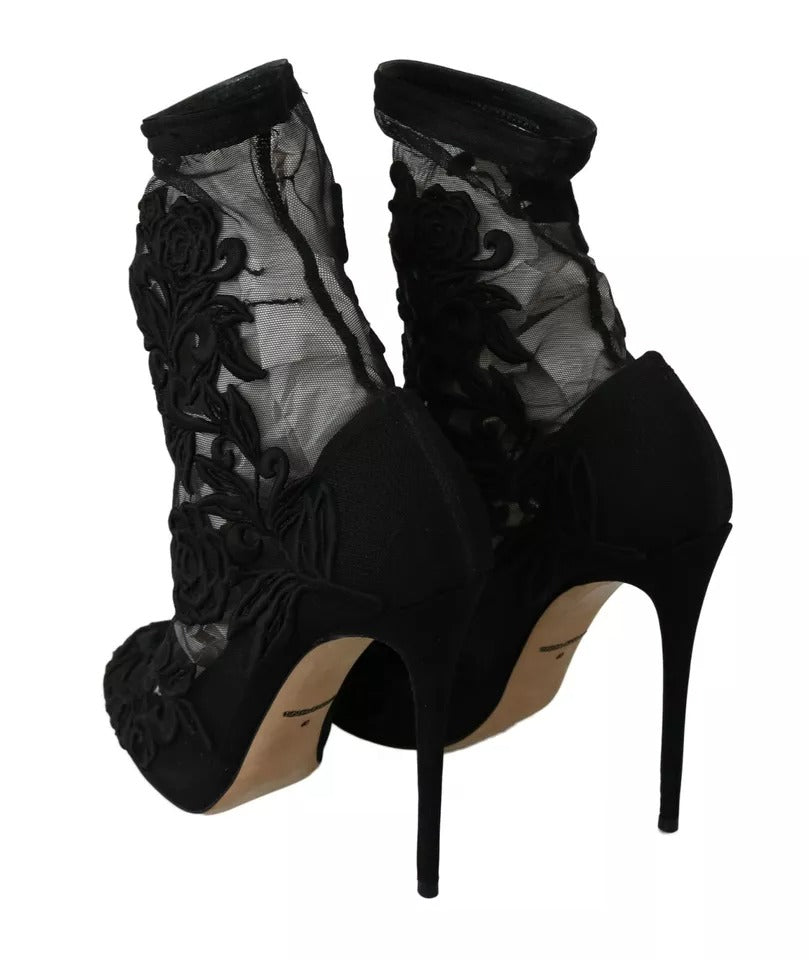 Dolce & Gabbana Black Tulle Stretch Floral Booties Shoes by Dolce & Gabbana