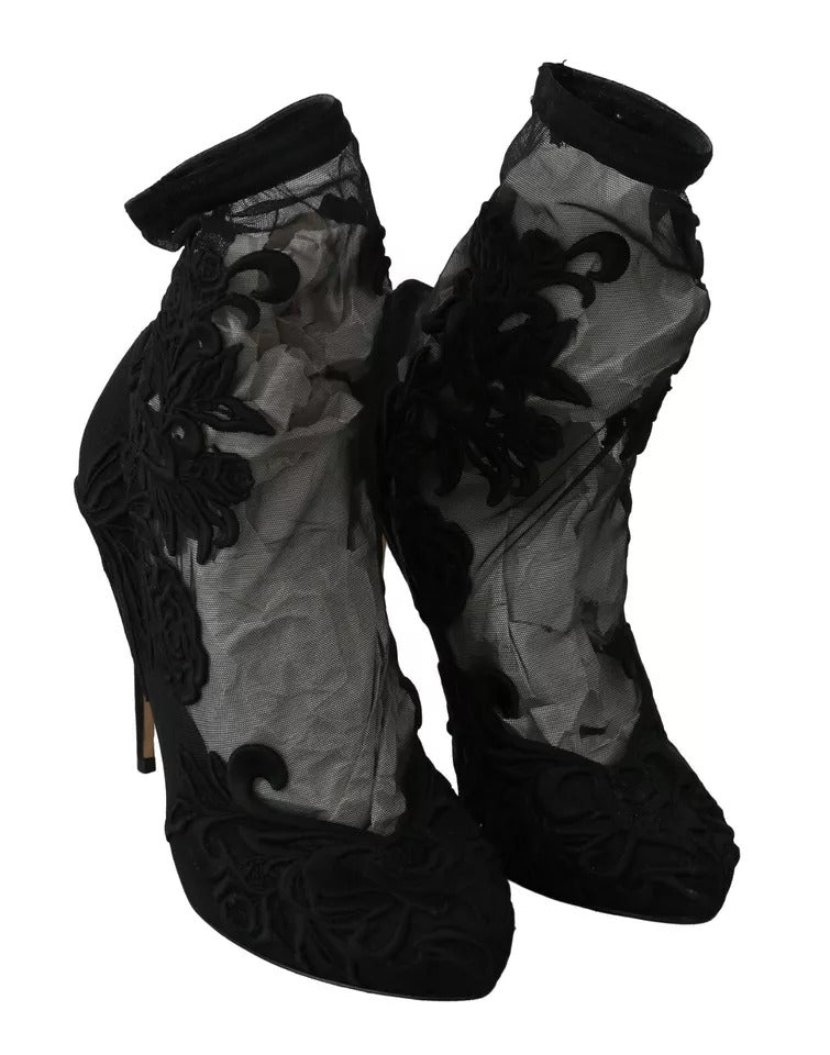Dolce & Gabbana Black Tulle Stretch Floral Booties Shoes by Dolce & Gabbana