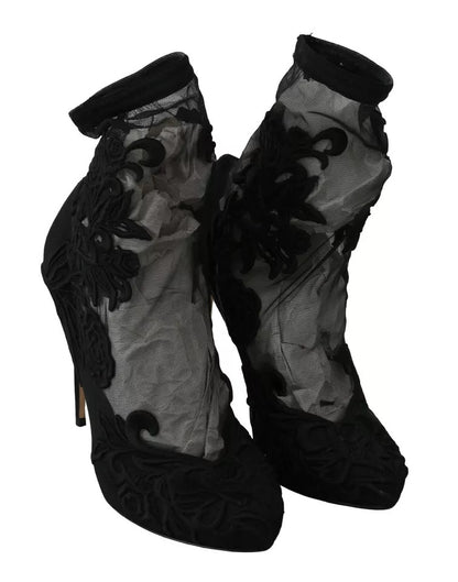 Dolce & Gabbana Black Tulle Stretch Floral Booties Shoes by Dolce & Gabbana
