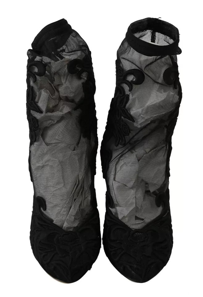 Dolce & Gabbana Black Tulle Stretch Floral Booties Shoes by Dolce & Gabbana