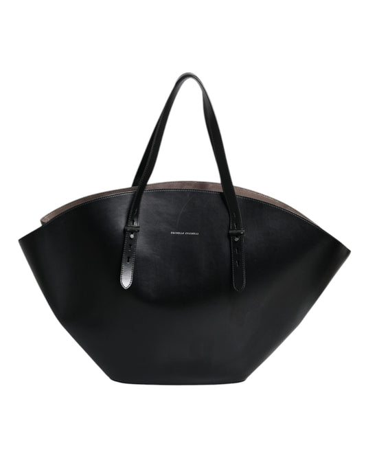 Sac cabas à bandoulière en cuir noir avec logo Brunello Cucinelli