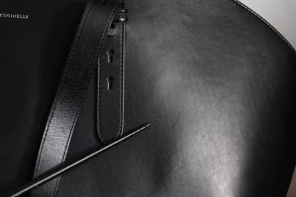 Sac cabas à bandoulière en cuir noir avec logo Brunello Cucinelli