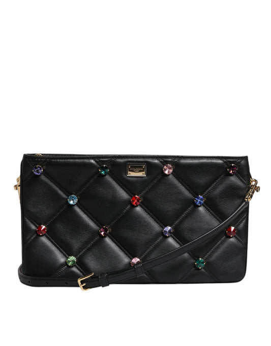 Sac à bandoulière Dolce &amp; Gabbana en cuir noir orné de cristaux et de logo