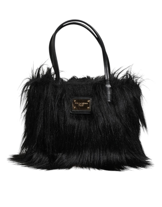 Sac à bandoulière à double poignée avec plaque logo en fourrure noire Dolce &amp; Gabbana