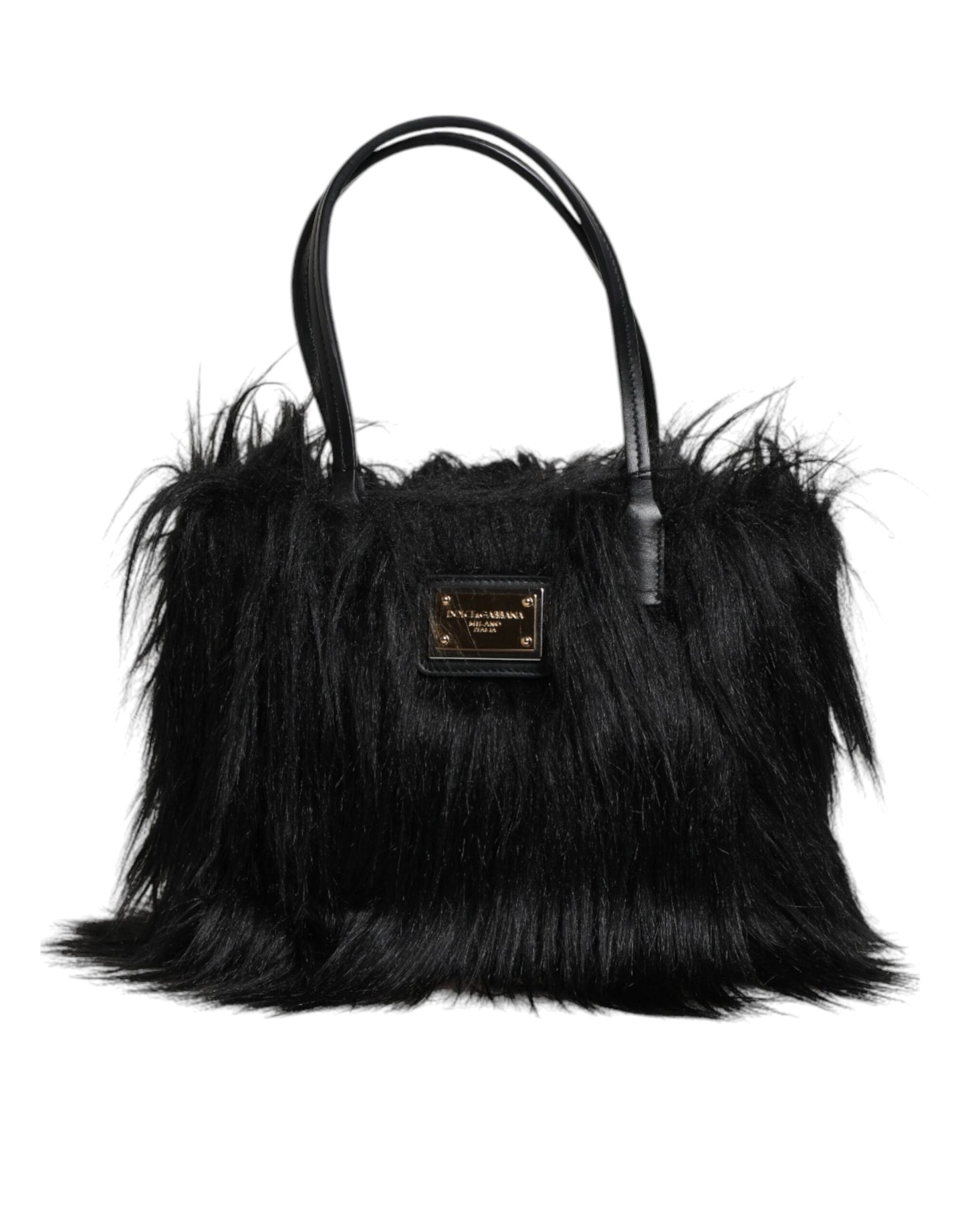 Sac à bandoulière à double poignée avec plaque logo en fourrure noire Dolce &amp; Gabbana