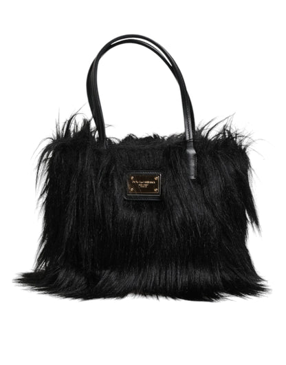Sac à bandoulière à double poignée avec plaque logo en fourrure noire Dolce &amp; Gabbana