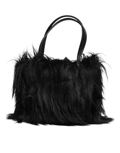 Sac à bandoulière à double poignée avec plaque logo en fourrure noire Dolce &amp; Gabbana