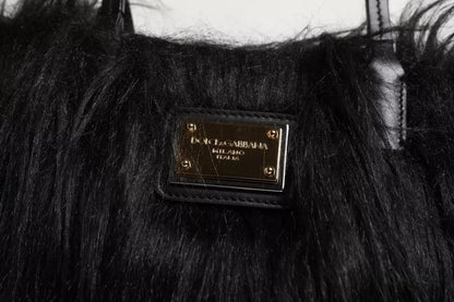 Sac à bandoulière à double poignée avec plaque logo en fourrure noire Dolce &amp; Gabbana