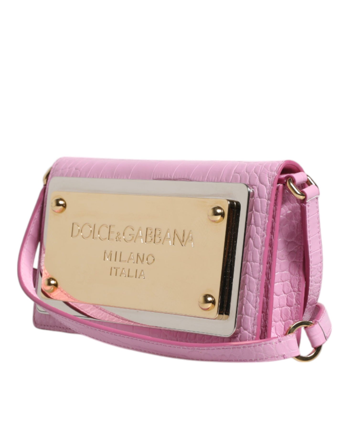 Sac bandoulière Dolce &amp; Gabbana en cuir exotique rose avec plaque logo