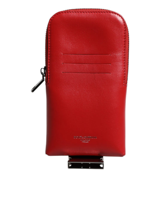 Porte-cartes zippé en cuir rouge Dolce &amp; Gabbana avec logo et large bandoulière