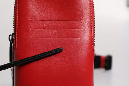 Porte-cartes zippé en cuir rouge Dolce &amp; Gabbana avec logo et large bandoulière