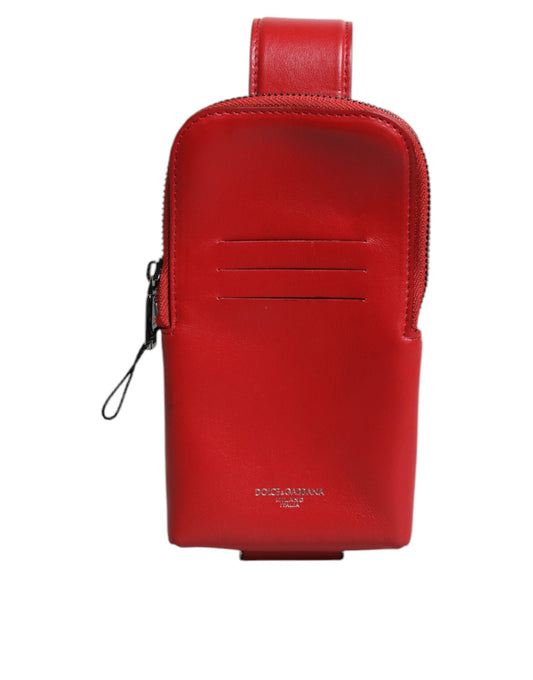 Porte-cartes zippé en cuir rouge Dolce &amp; Gabbana avec logo et large bandoulière