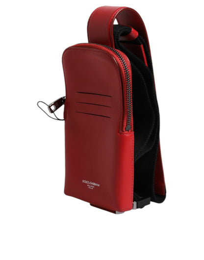 Porte-cartes zippé en cuir rouge Dolce &amp; Gabbana avec logo et large bandoulière