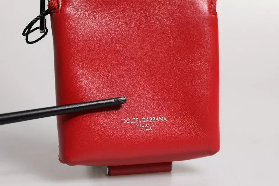 Porte-cartes zippé en cuir rouge Dolce &amp; Gabbana avec logo et large bandoulière