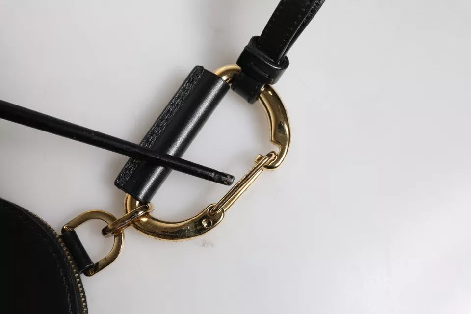 Portefeuille à cordon rond en cuir noir Dolce &amp; Gabbana avec logo DG