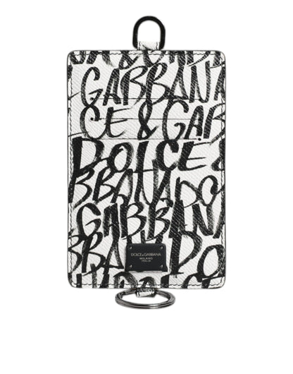 Portefeuille porte-cartes en cuir blanc Dolce &amp; Gabbana avec cordon et logo imprimé